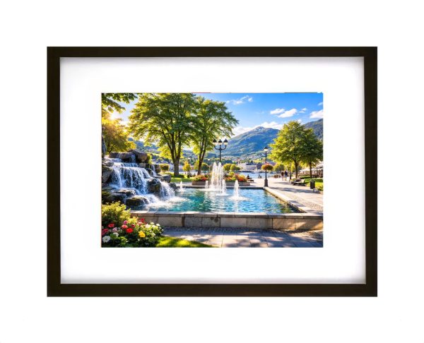 Decorative fountain in Bergen town centre Norway with mountains and trees in background