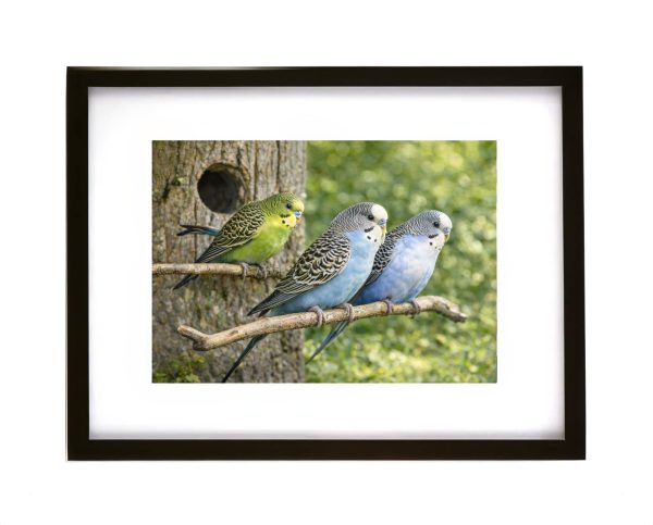 Budgerigars perched on branch colourful parakeets wildlife bird photography fine art print