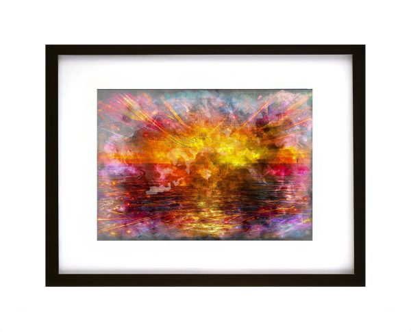 Abstract artwork titled Convergence Over Liquid Fire by Glenis Wall featuring fiery colours and reflective water textures
