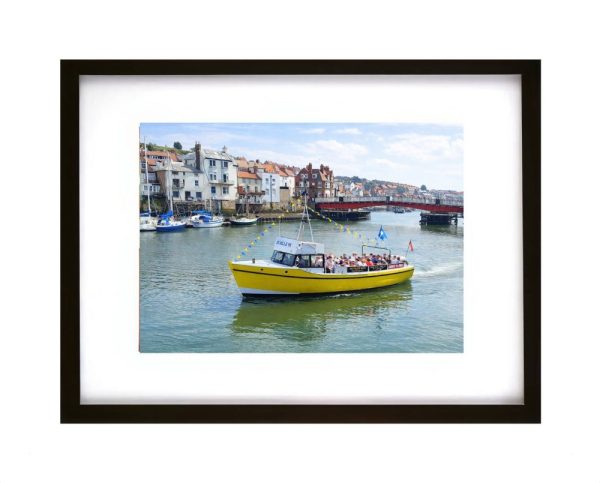 Esk Belle III passenger boat sailing in Whitby Harbour with harbour bridge and seaside houses in North Yorkshire