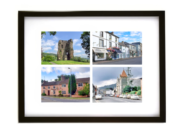 Four views of Crickhowell showing Crickhowell Castle, High Street, The Vine Tree, and Beaufort Street
