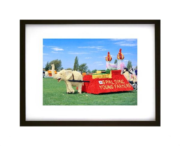 Elephant float at Spalding Flower Parade decorated with colourful flowers in Lincolnshire