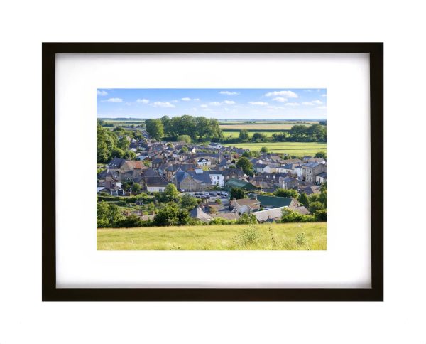 Panoramic view of Crickhowell town from Coed Cefn Bluebell Wood Powys Wales countryside landscape