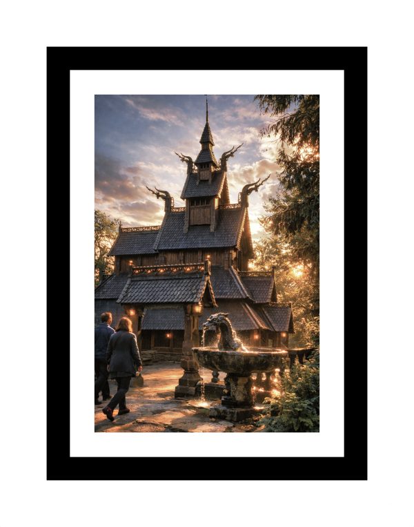 Traditional Norwegian Viking stave church near Bergen at sunset with dragon carvings